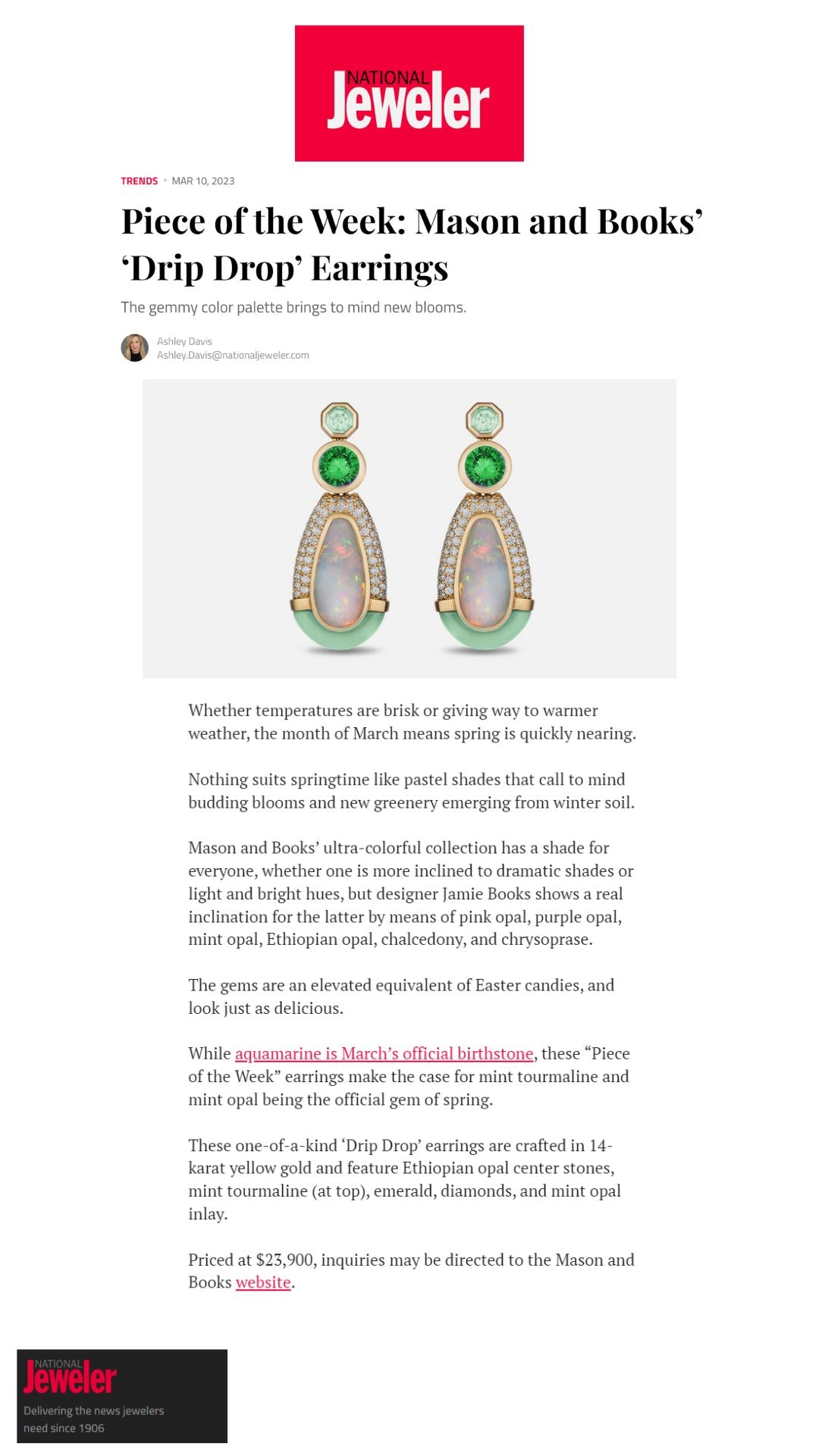 Image of a webpage from National Jeweler showcasing a pair of earrings with opal, emerald, and diamond accents.