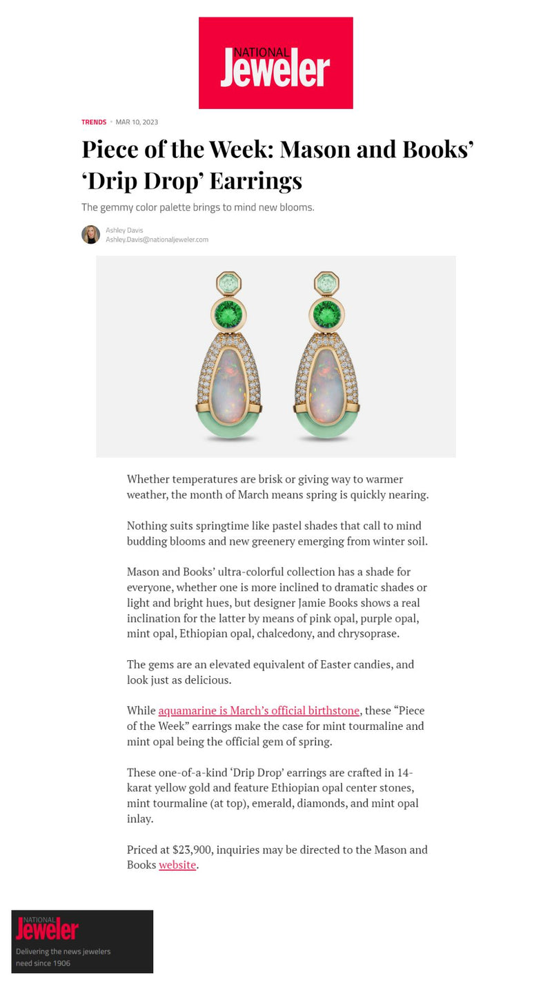 Image of a webpage from National Jeweler showcasing a pair of earrings with opal, emerald, and diamond accents.