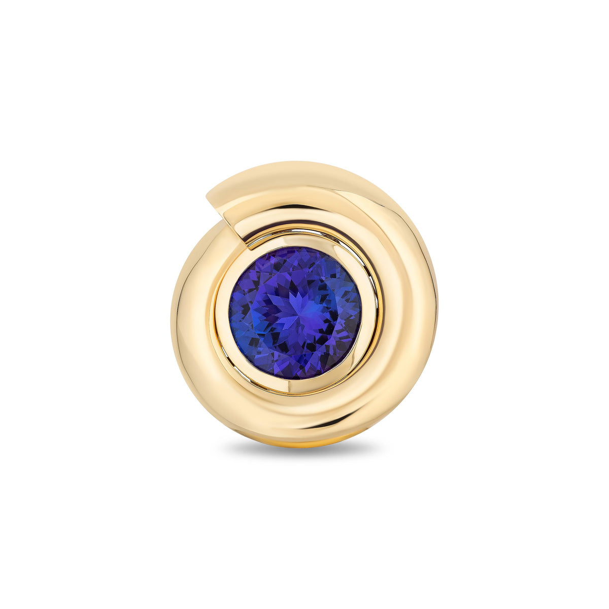 A gold circular pendant featuring a central round-cut deep blue gemstone, set against a clean white background.