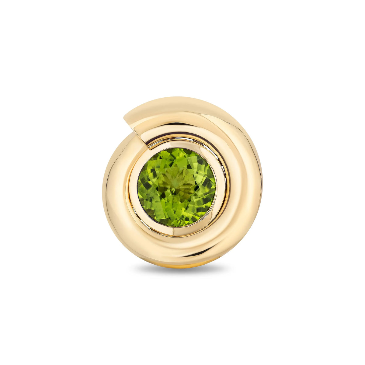 A gold circular pendant featuring a round-cut green peridot gemstone in a polished bezel setting, shown on a clean white background.