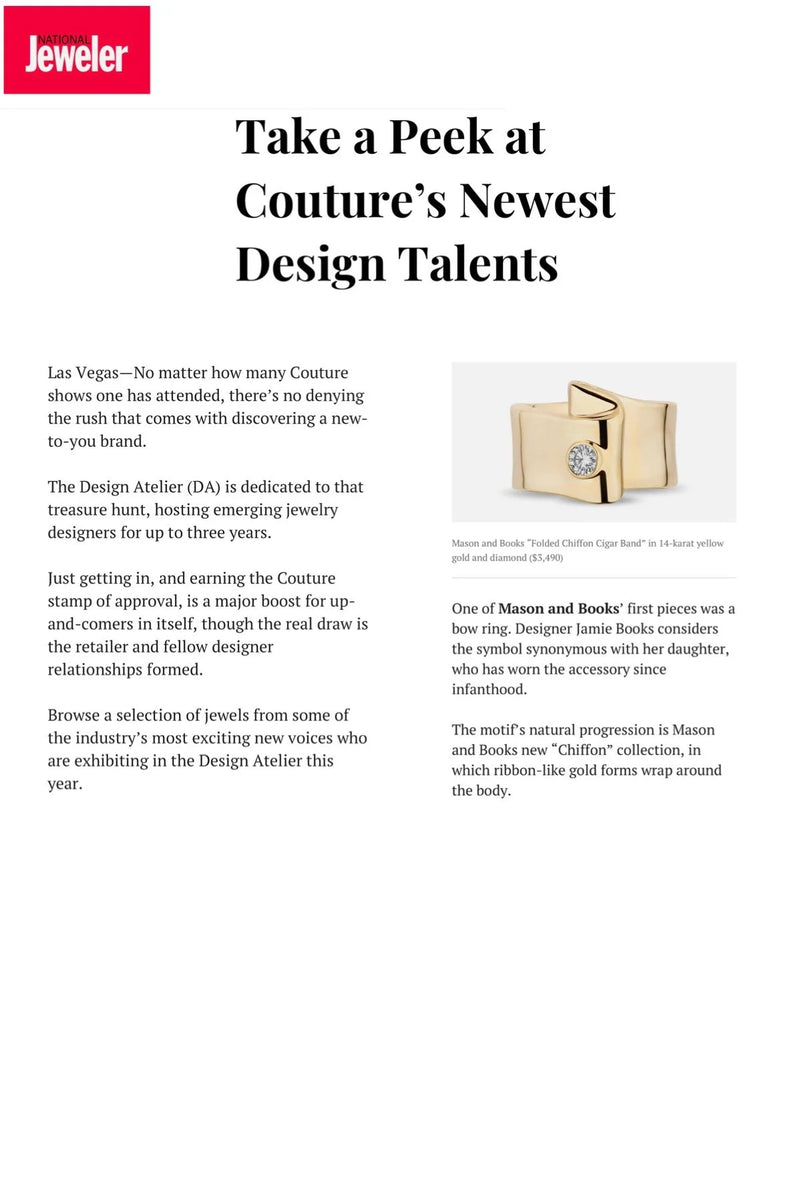 An article featuring a jewelry piece, a gold ring with a diamond, from Mason and Books.