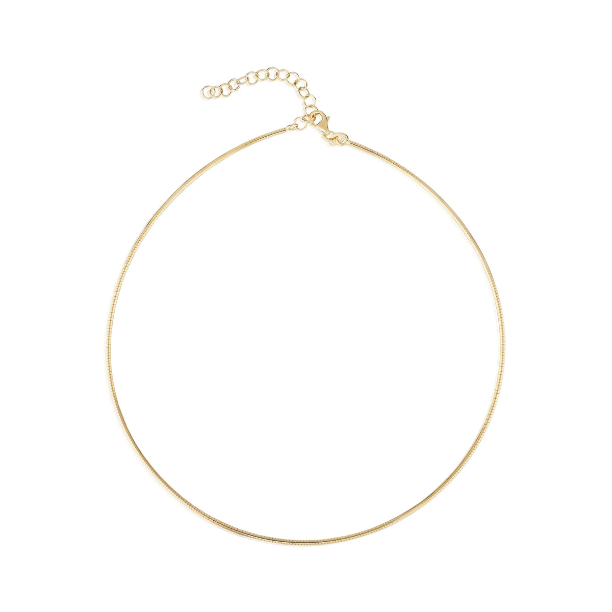 A delicate gold snake chain necklace with an adjustable lobster clasp and extension chain, displayed on a clean white background.