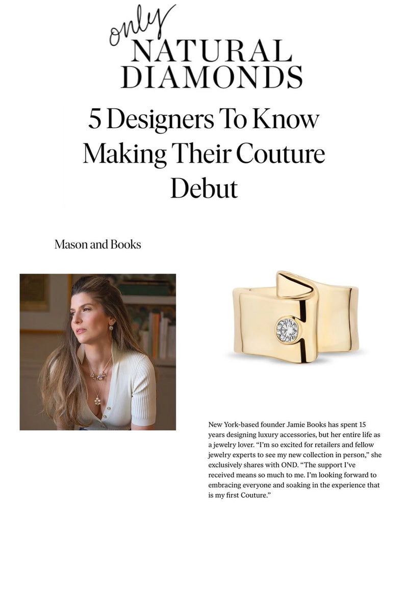 Magazine page featuring a story about jewelry designer Jamie Books, natural diamonds and couture debut.