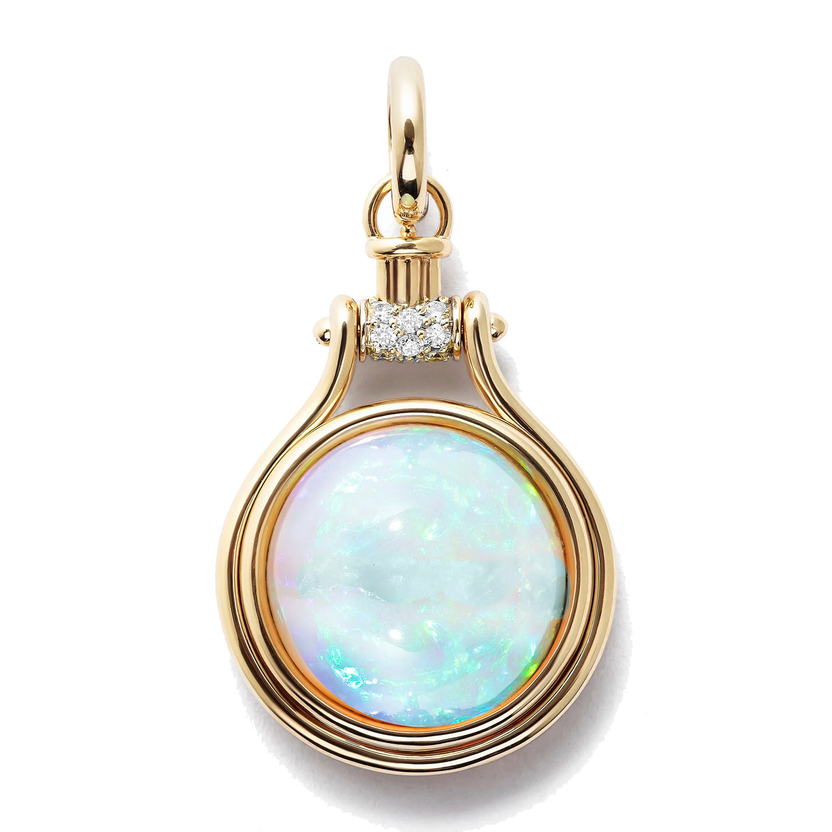 A PENDULUM SPHERE pendant featuring a round white opal with iridescent blue-green flashes, accented by a small bezel-set diamond cluster above the opal, all on a clean white background.