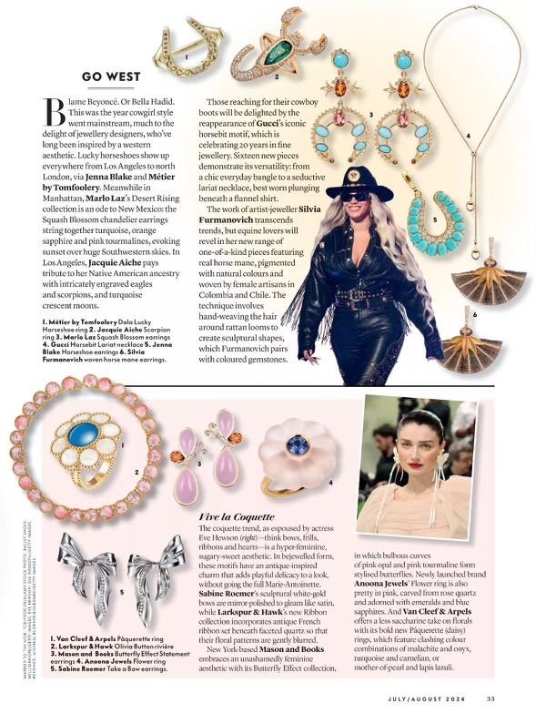 Photo of various jewelry pieces including earrings, rings, necklaces, and brooches displayed on a magazine page. There is also a woman wearing earrings and a necklace.