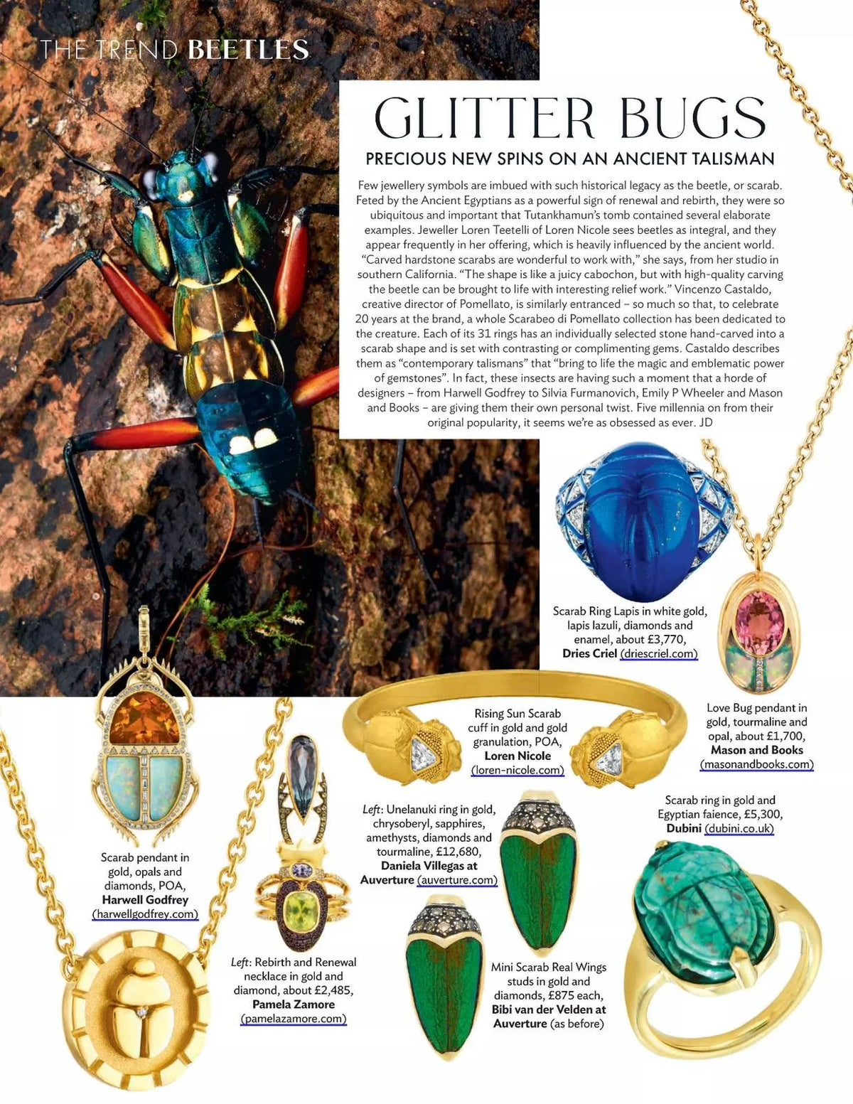 Close-up image of a colorful beetle on soil next to various jewelry pieces, including necklaces, rings, and pendants.