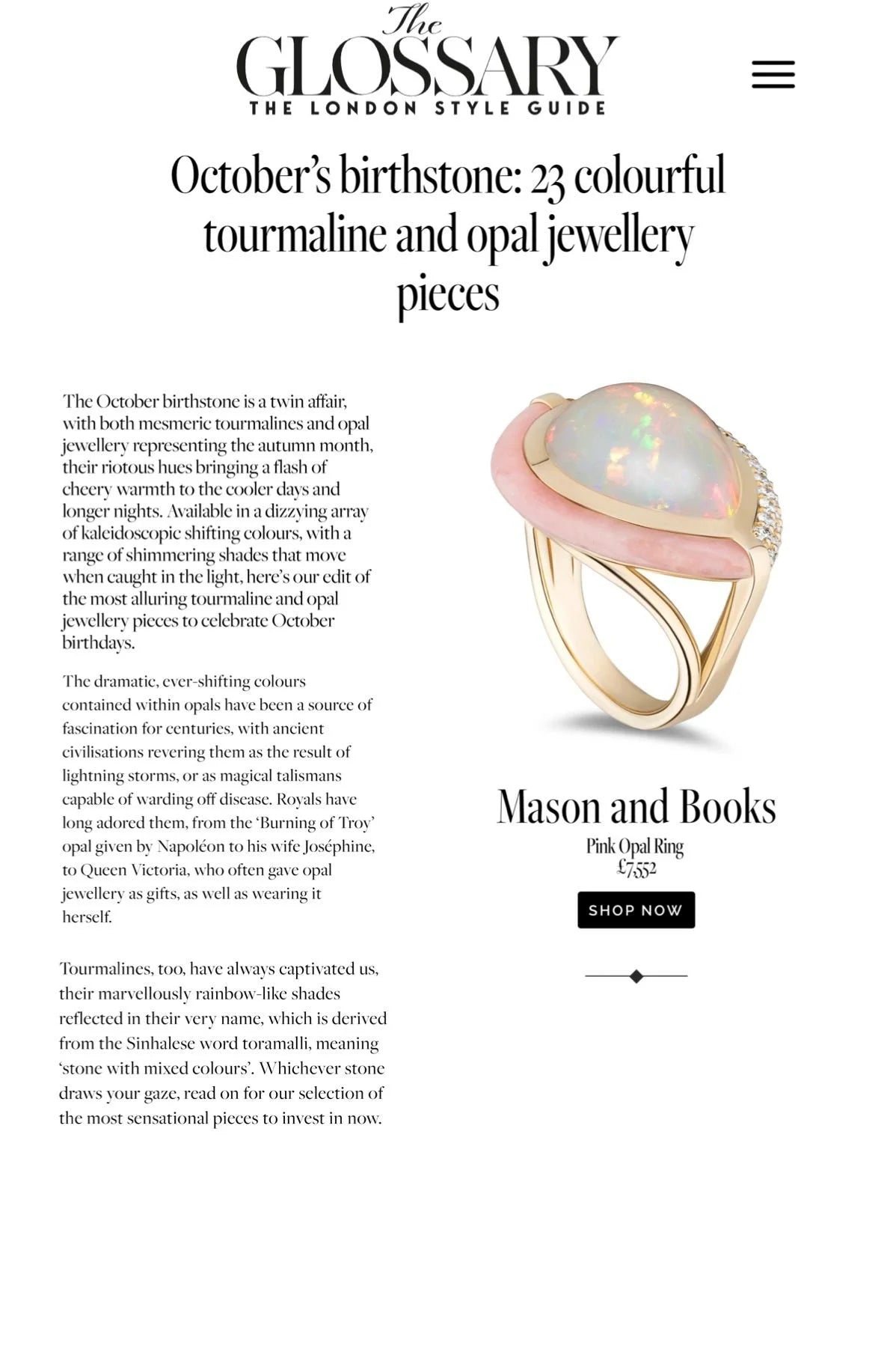 An online magazine page featuring a pink opal ring with diamonds by Mason and Books, priced at £7,552.