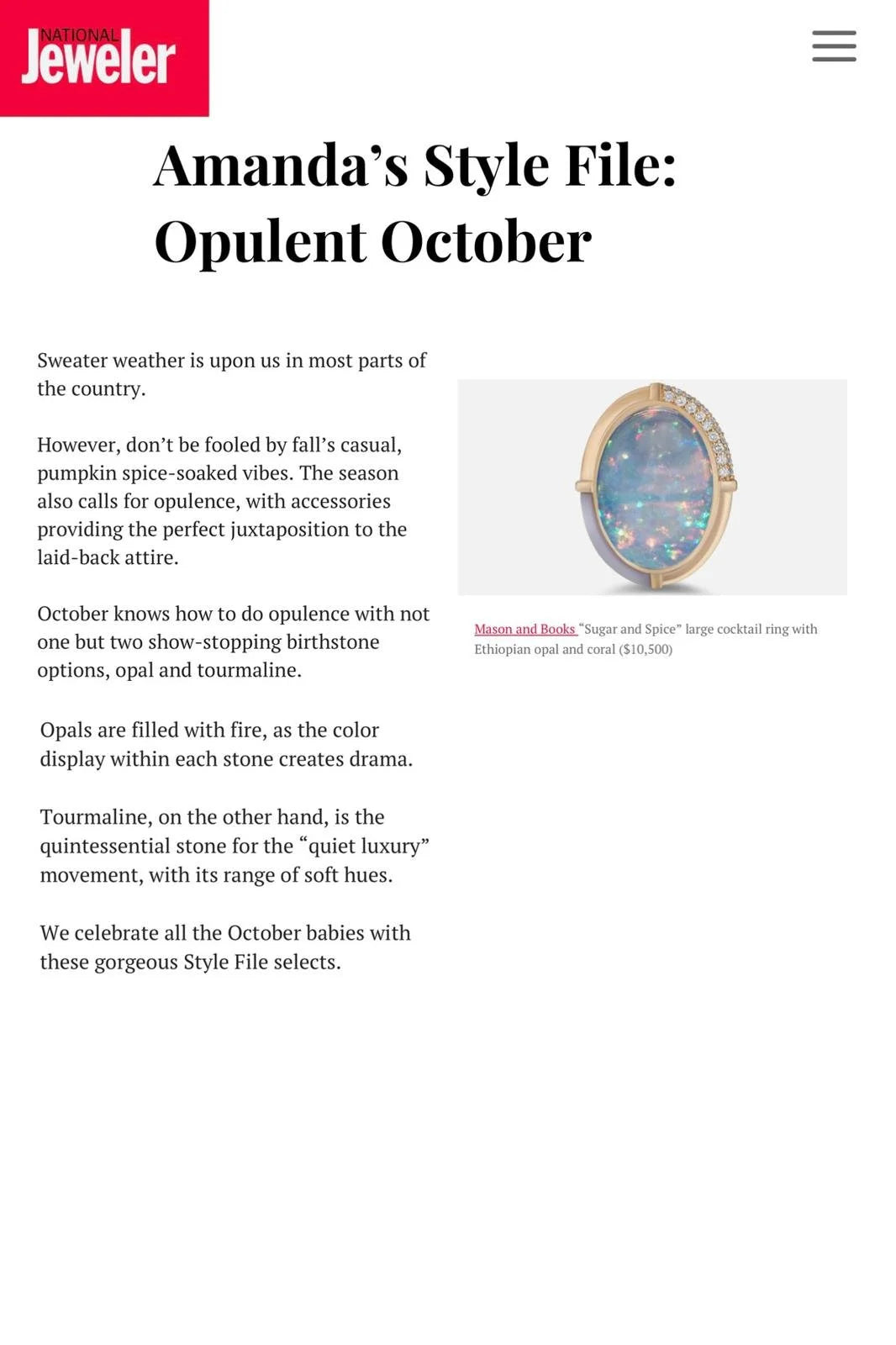 A screenshot of an article from National Jeweler titled Amanda's Style File: Opulent October, priced at $10,500.