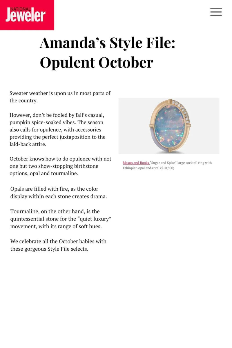 A screenshot of an article from National Jeweler titled Amanda's Style File: Opulent October, priced at $10,500.