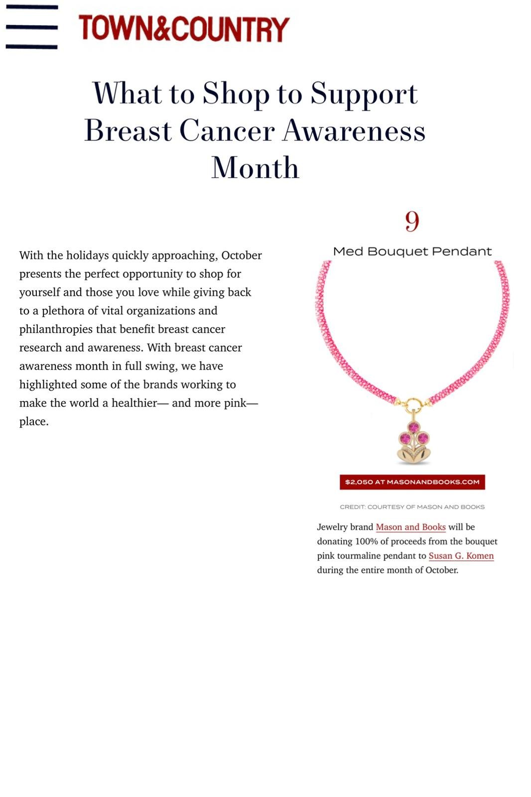 A page from Town and Country magazine with an article about supporting breast cancer awareness month.