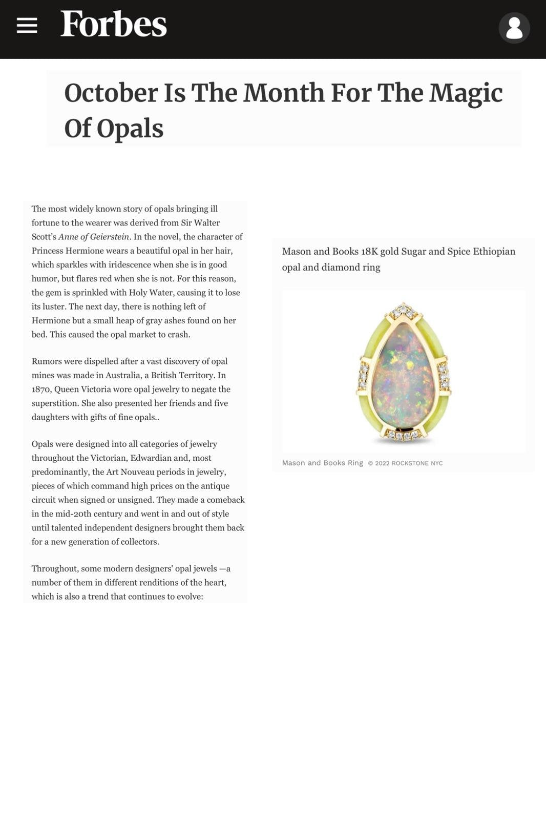 Forbes article titled October Is The Month For The Magic Of Opals with an image of a gold opal and diamond ring.