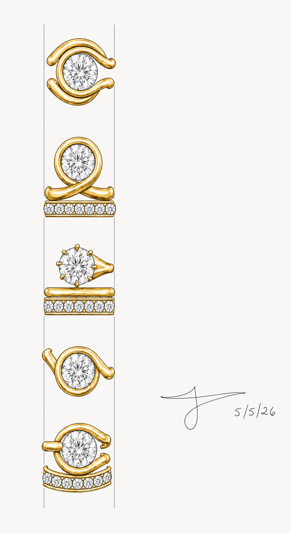A vertical line of gold ring sketches with round clear gemstones on a white background, alongside a signature and the date 5/5/26.
