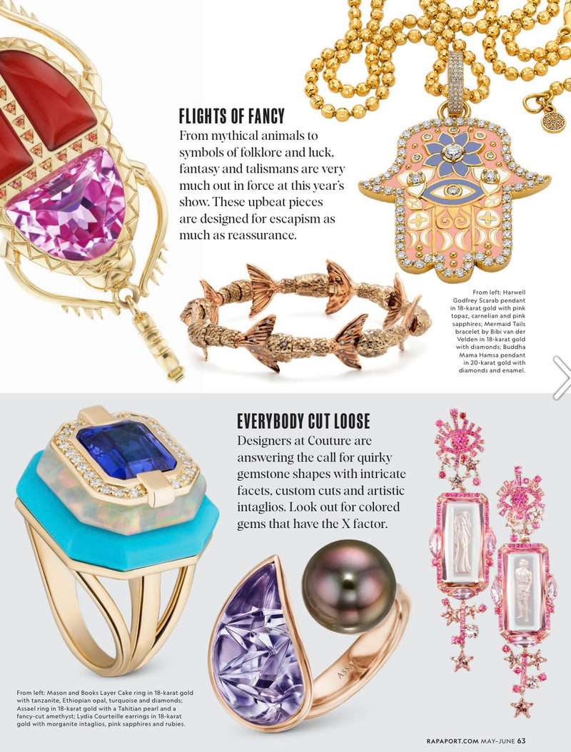 Assorted jewelry including necklaces, bracelets, rings, and earrings, featuring colorful gemstones, diamonds, and intricate designs.