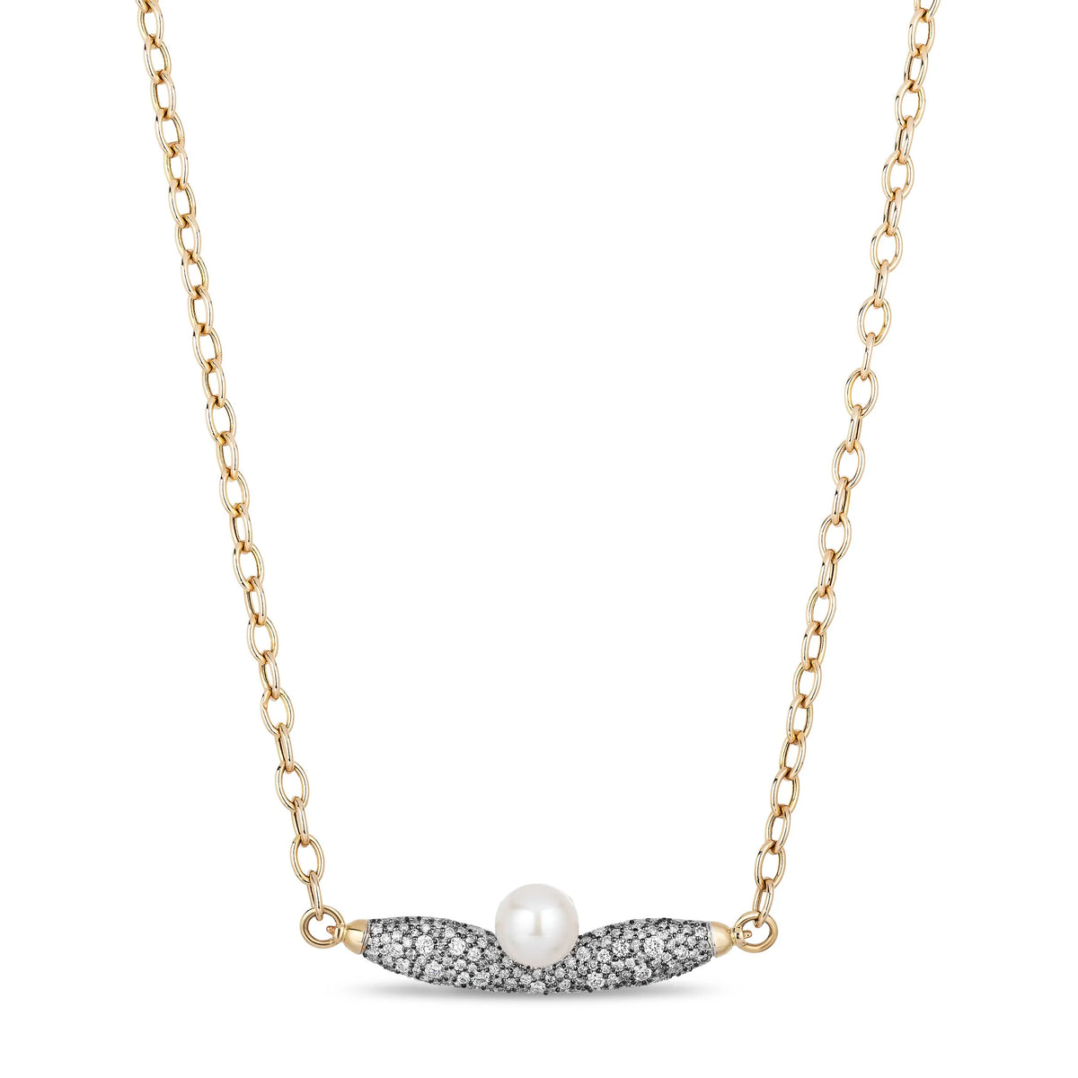 A delicate gold chain necklace featuring a curved diamond pavé bar pendant with a single white pearl at its center, shown against a plain white background.