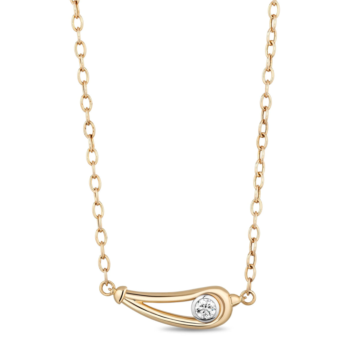 A gold necklace with a curved teardrop pendant featuring a single round-cut clear diamond, shown against a plain white background.