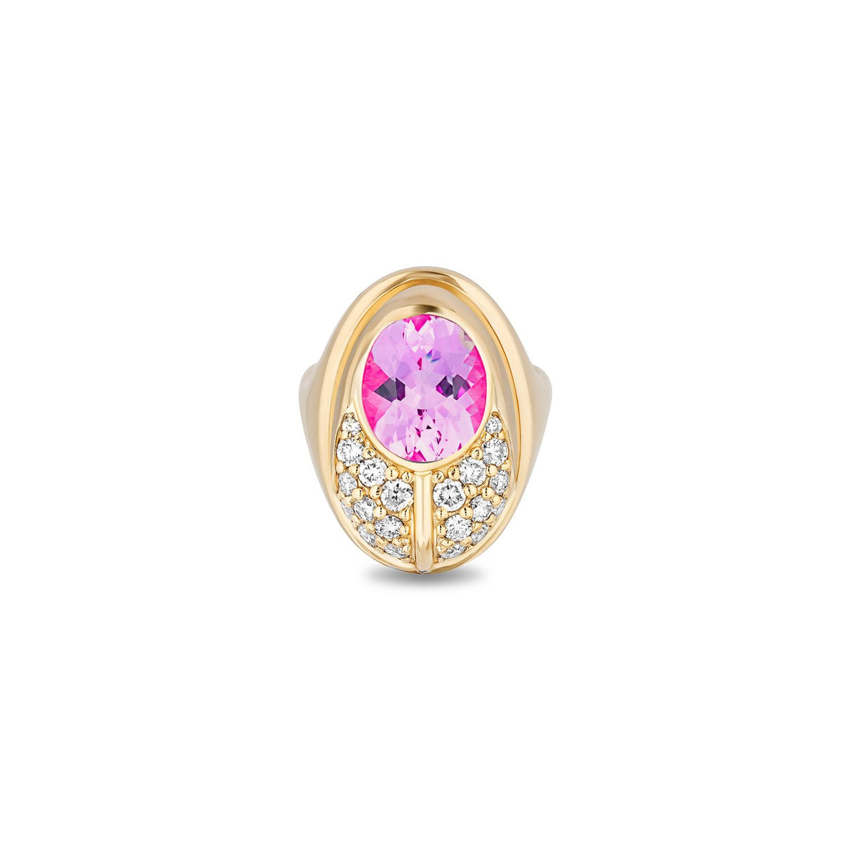 A gold ring featuring a large oval-cut pink gemstone in the center, surrounded by a halo of small diamond pavé on the sides, set against a plain white background.