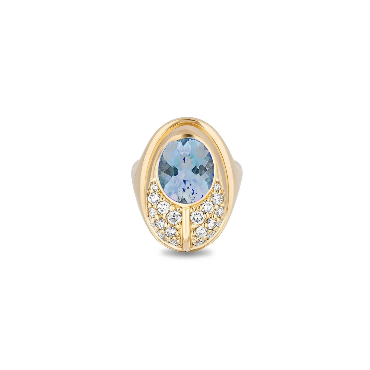 A gold ring featuring an oval-cut light blue topaz center stone and a halo of small clear pavé diamonds along the lower curve, shown on a plain white background.
