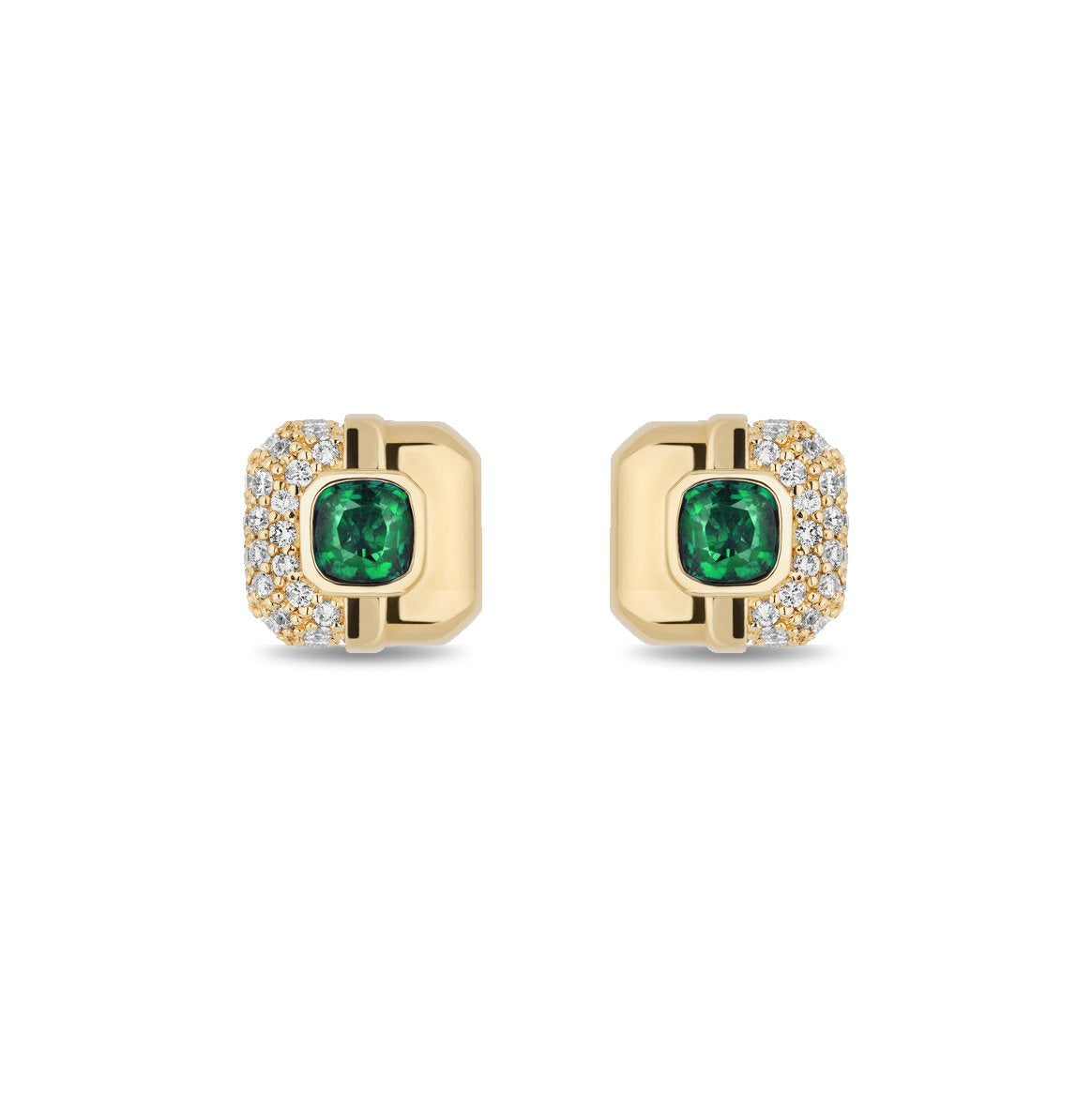 A pair of gold geometric stud earrings featuring a central green cushion-cut emerald gemstone surrounded by a halo of small clear pavé stones, set against a plain white background.