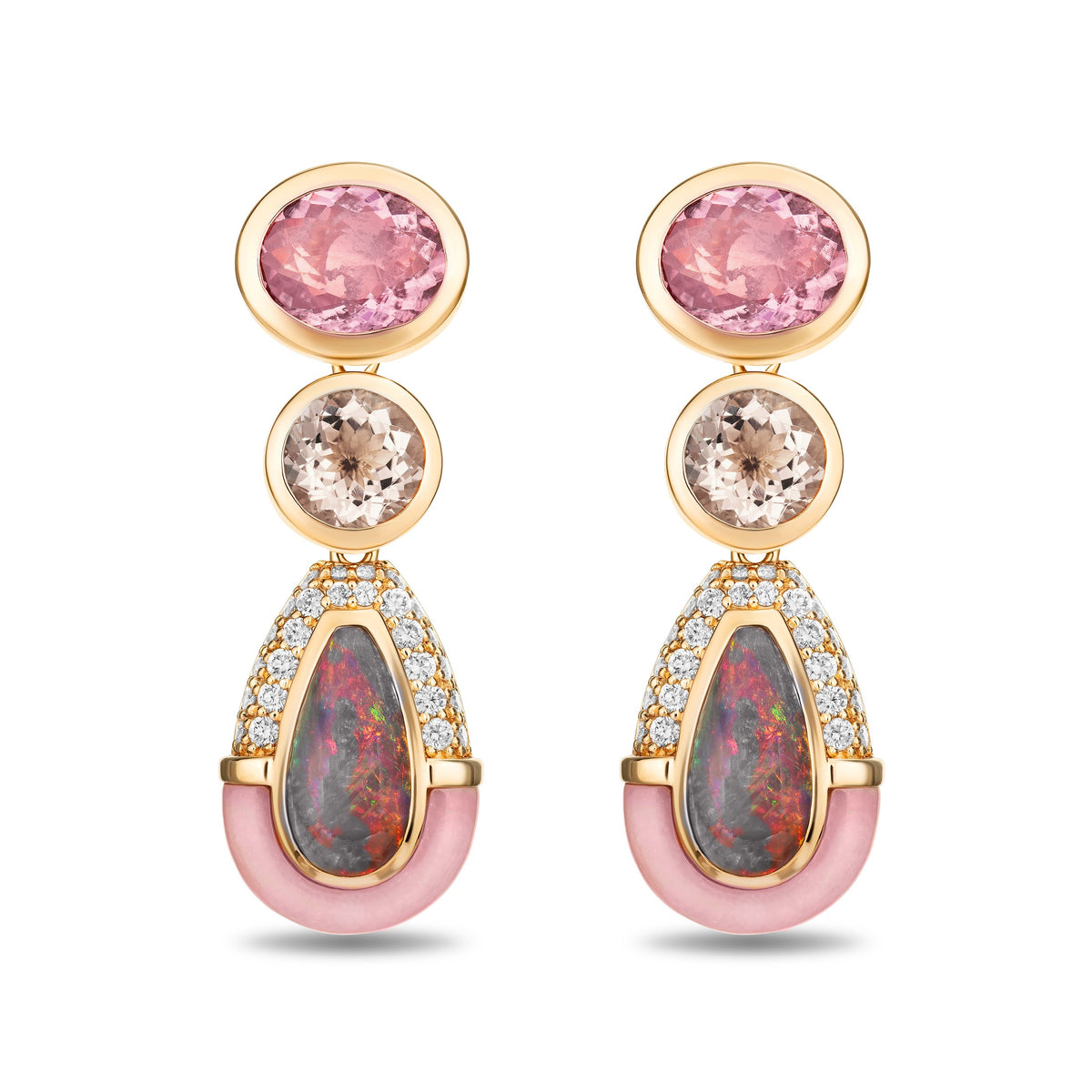 A pair of gold drop earrings featuring oval pink sapphires, round clear stones, teardrop-shaped opal inlays, and a curved pink enamel section at the bottom, set against a plain white background.