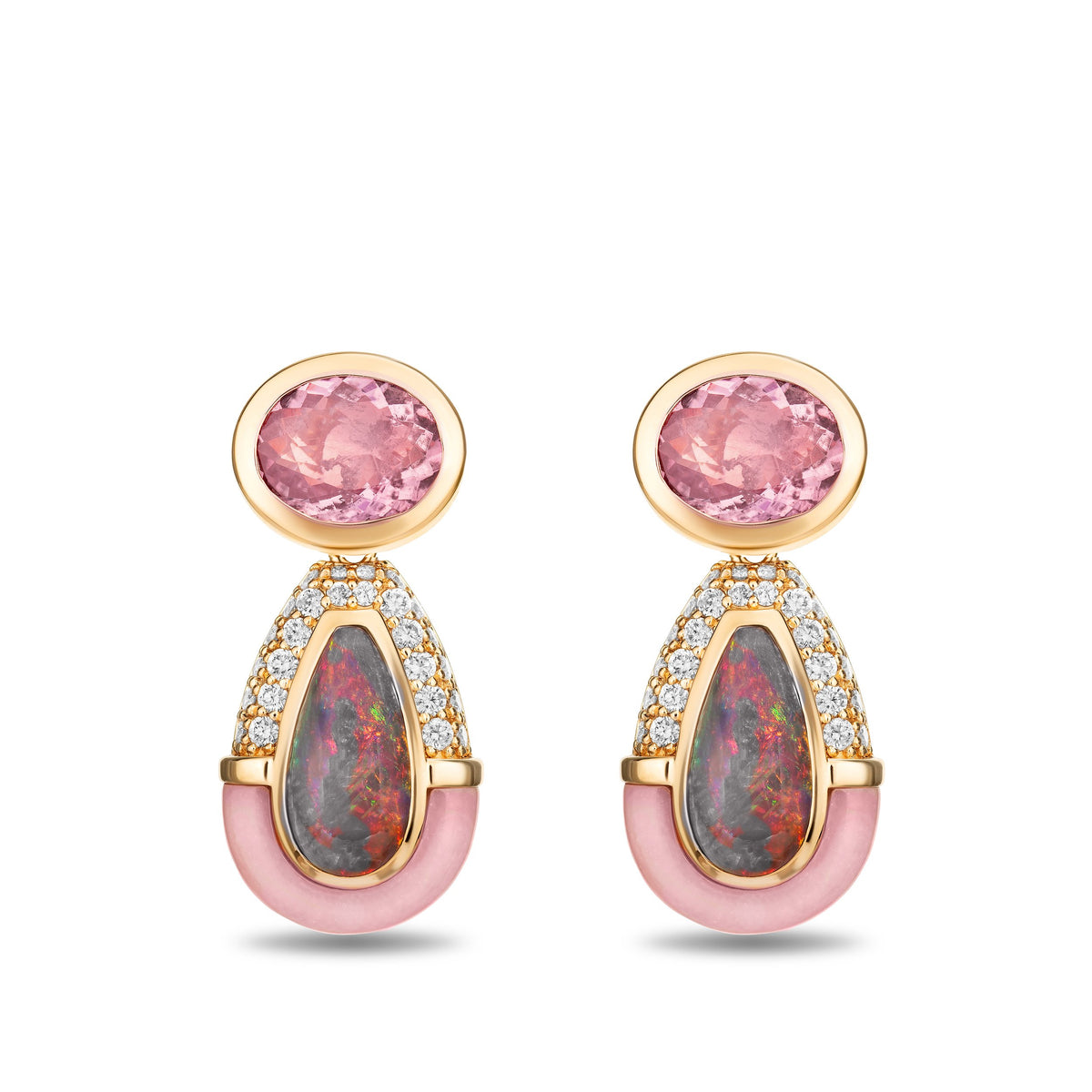 A pair of gold drop earrings featuring oval pink sapphires at the top, teardrop-shaped opal inlays with pavé diamonds, and a curved pink enamel lower section, shown on a white background.