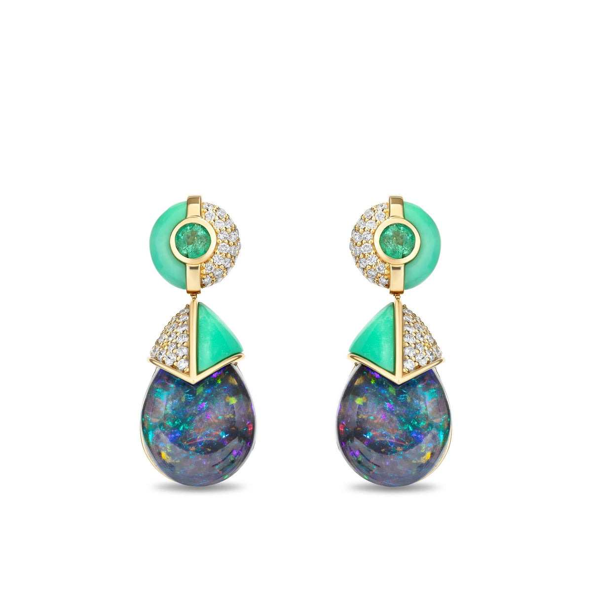 A pair of gold drop earrings featuring a round mint green stone, a triangular mint green pavé-set section, and a teardrop-shaped dark iridescent opal drop, shown on a plain white background.