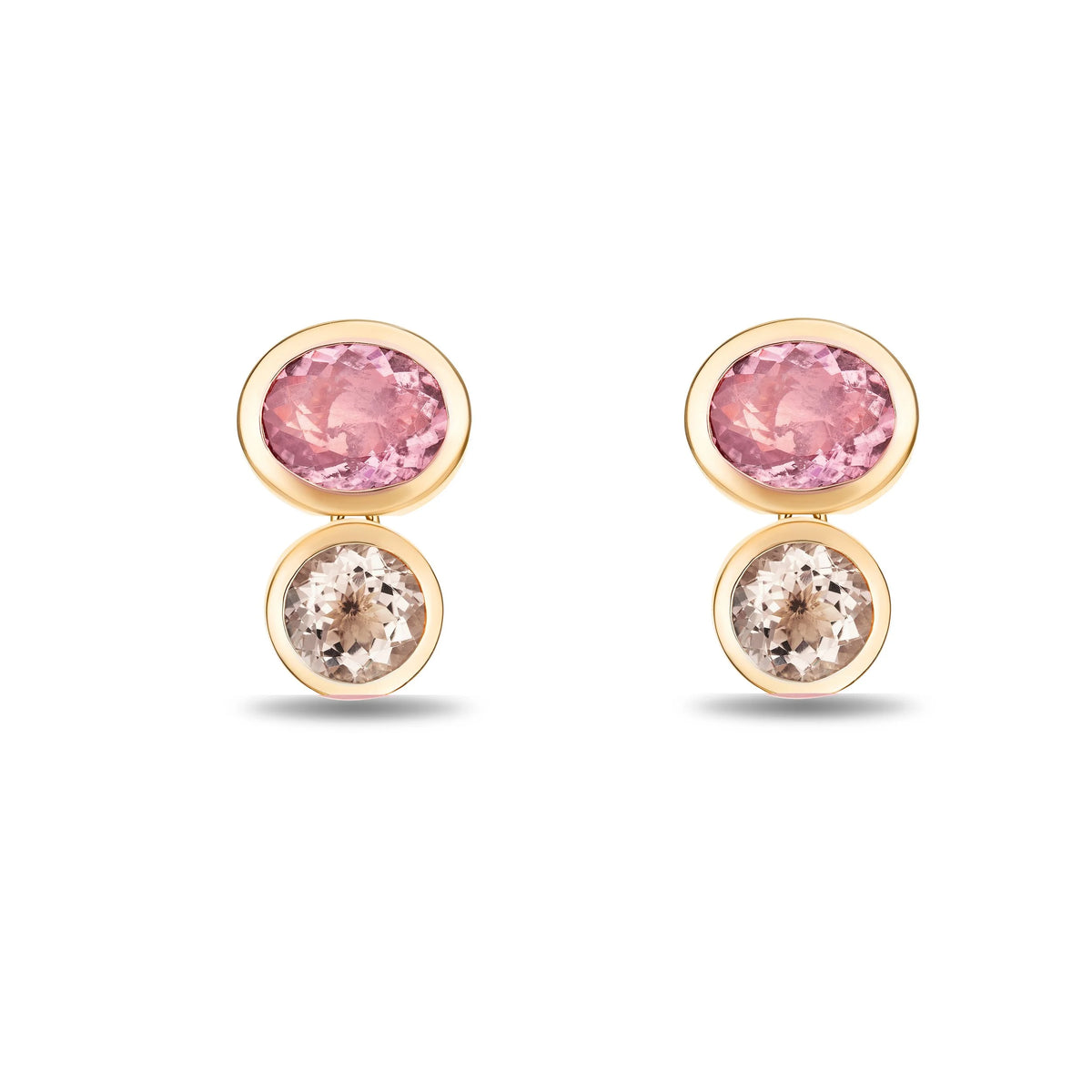 A pair of gold double-stone stud earrings featuring oval pink top stones and round clear bottom stones, set against a plain white background.