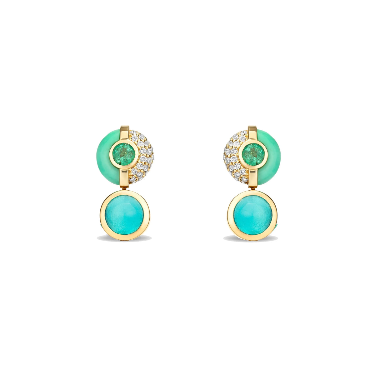 A pair of gold drop earrings featuring a round turquoise cabochon and a smaller round green stone surrounded by clear pavé crystals, with a larger oval turquoise cabochon hanging below.