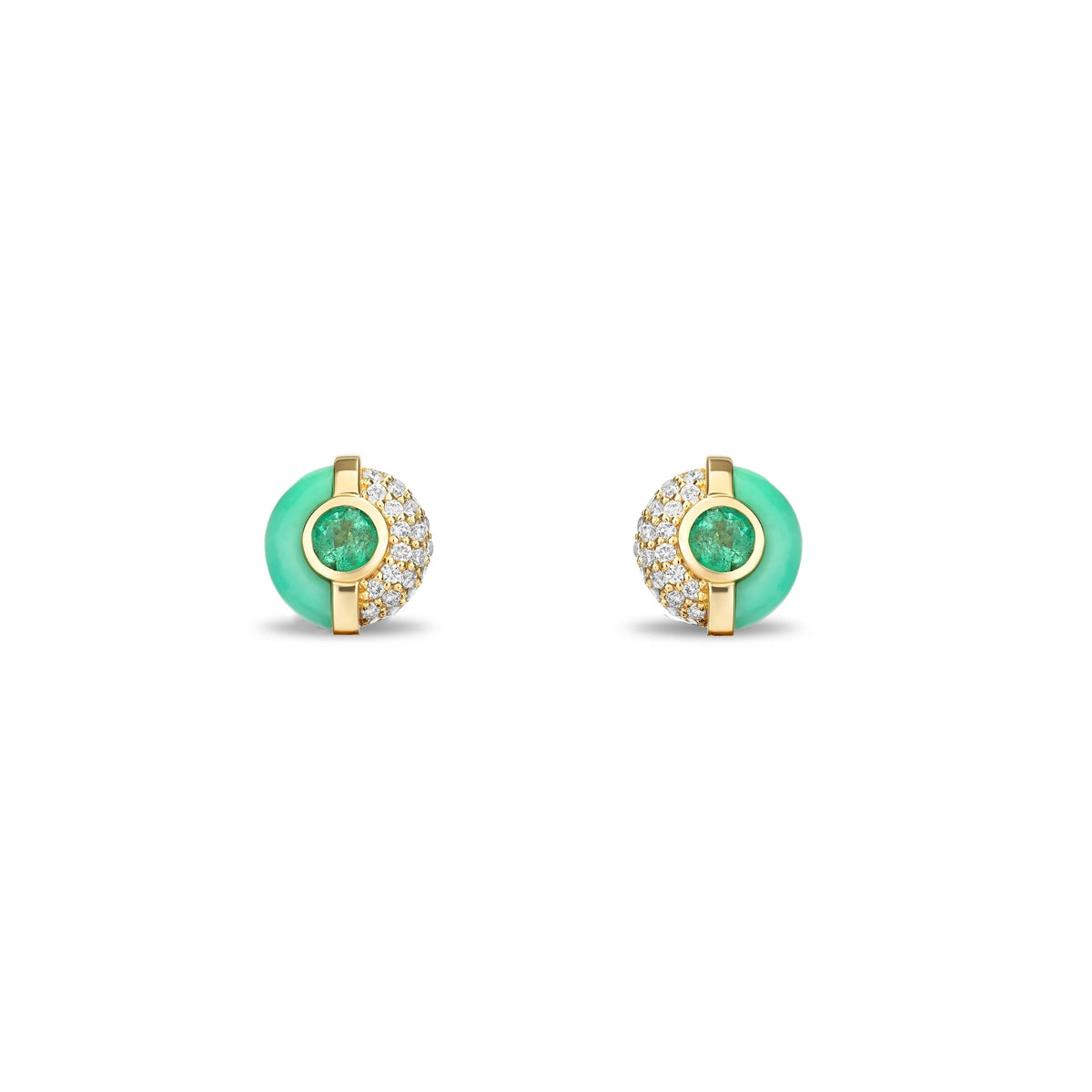 A pair of gold stud earrings featuring a round mint green cabochon center stone surrounded by a halo of small clear pavé stones, with a polished gold post.