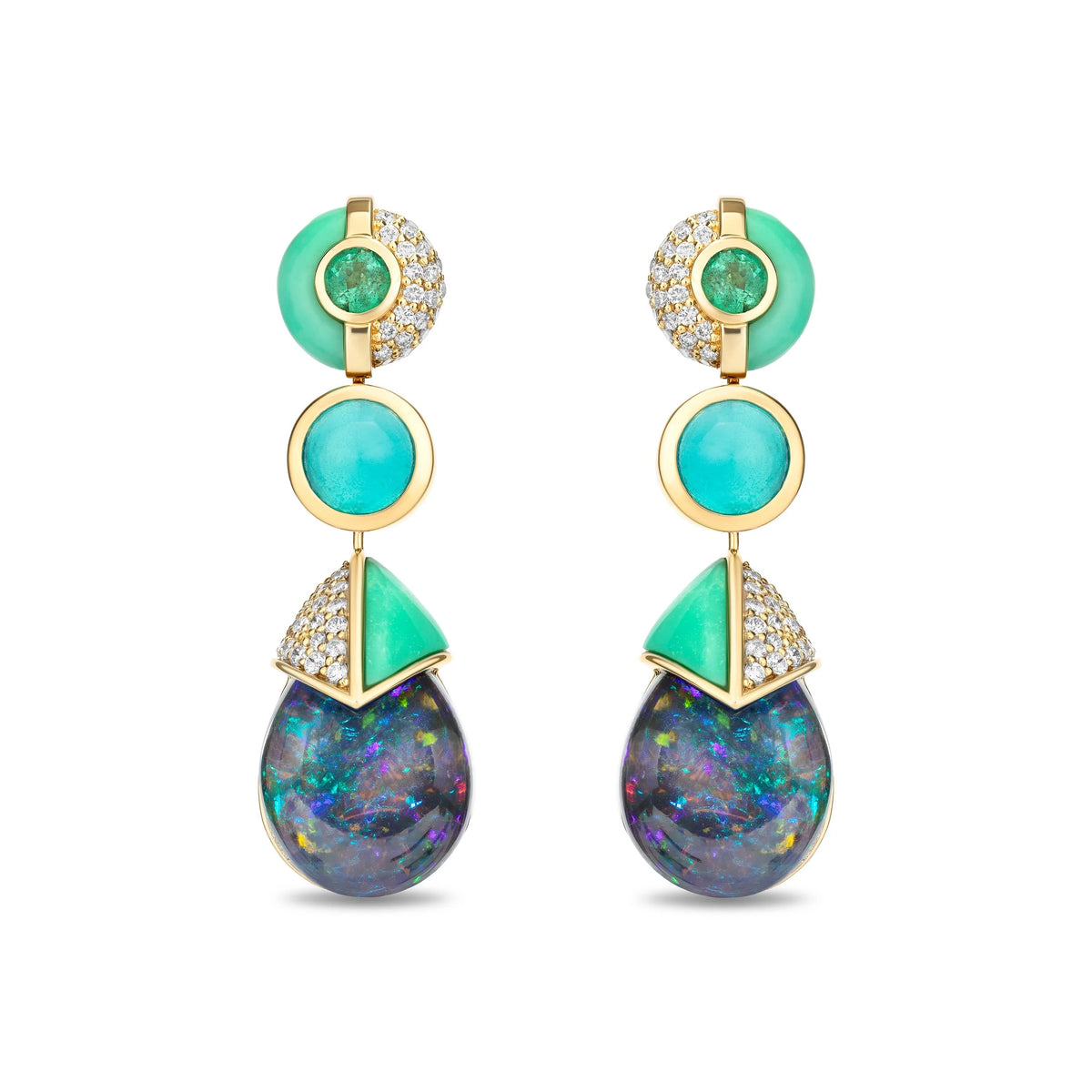 A pair of gold drop earrings featuring a round turquoise cabochon, a bezel-set round diamond cluster, a green triangular opal, and a teardrop-shaped dark opal with iridescent play-of-color, set against a plain white background.