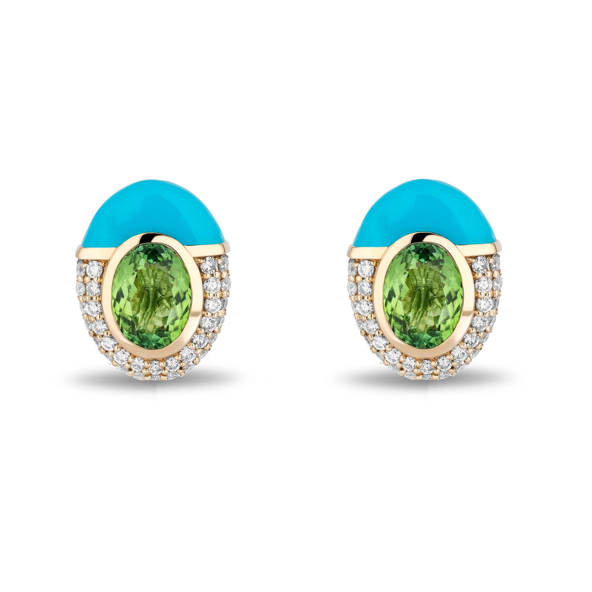A pair of gold stud earrings featuring oval-cut green peridot gemstones, surrounded by a halo of small clear stones, with a smooth turquoise blue top dome, set against a plain white background.