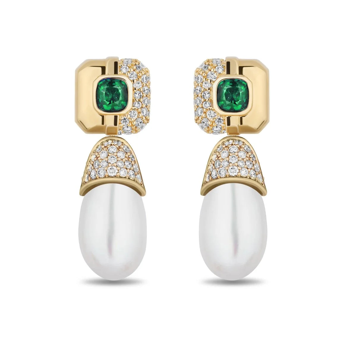 A pair of gold drop earrings with emerald-cut green gemstones, pavé-set clear stones, and large white pearl drops, shown on a clean white background.