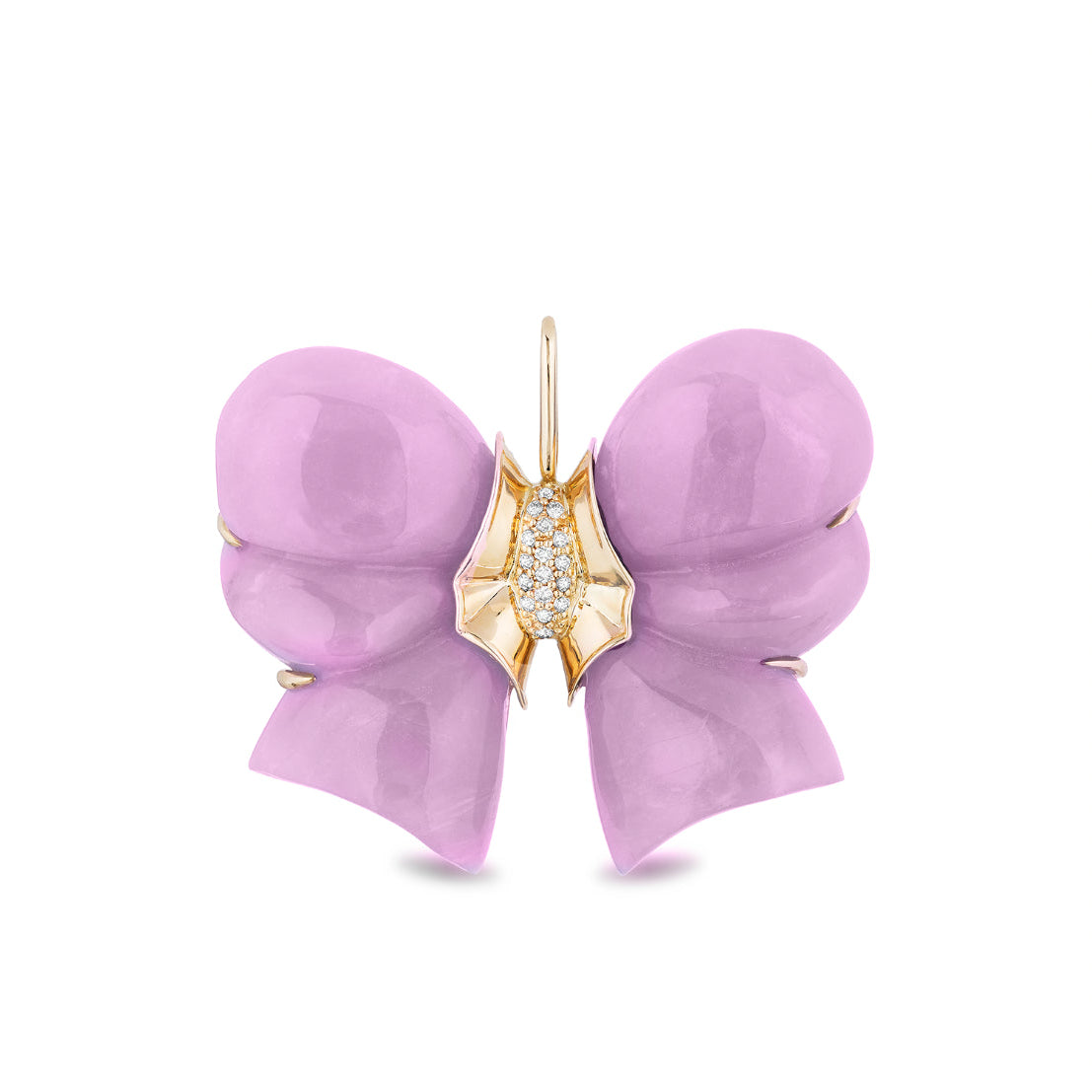 A bow shaped brooch featuring large lavender-pink enamel wings and a gold center pavé-set with small clear stones, shown on a plain white background.