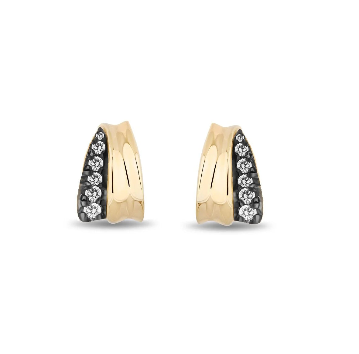 A pair of gold huggie hoop earrings with a row of small clear cubic diamonds set along the front edge, shown against a plain white background.
