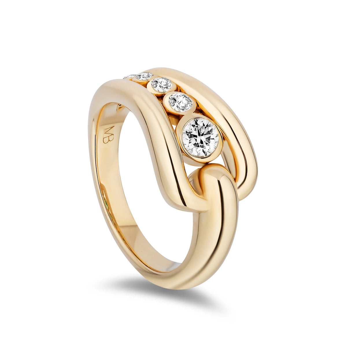 A polished yellow gold ring with a double-band design, featuring a large round-cut diamonds and three smaller diamonds along the top, shown on a white background.