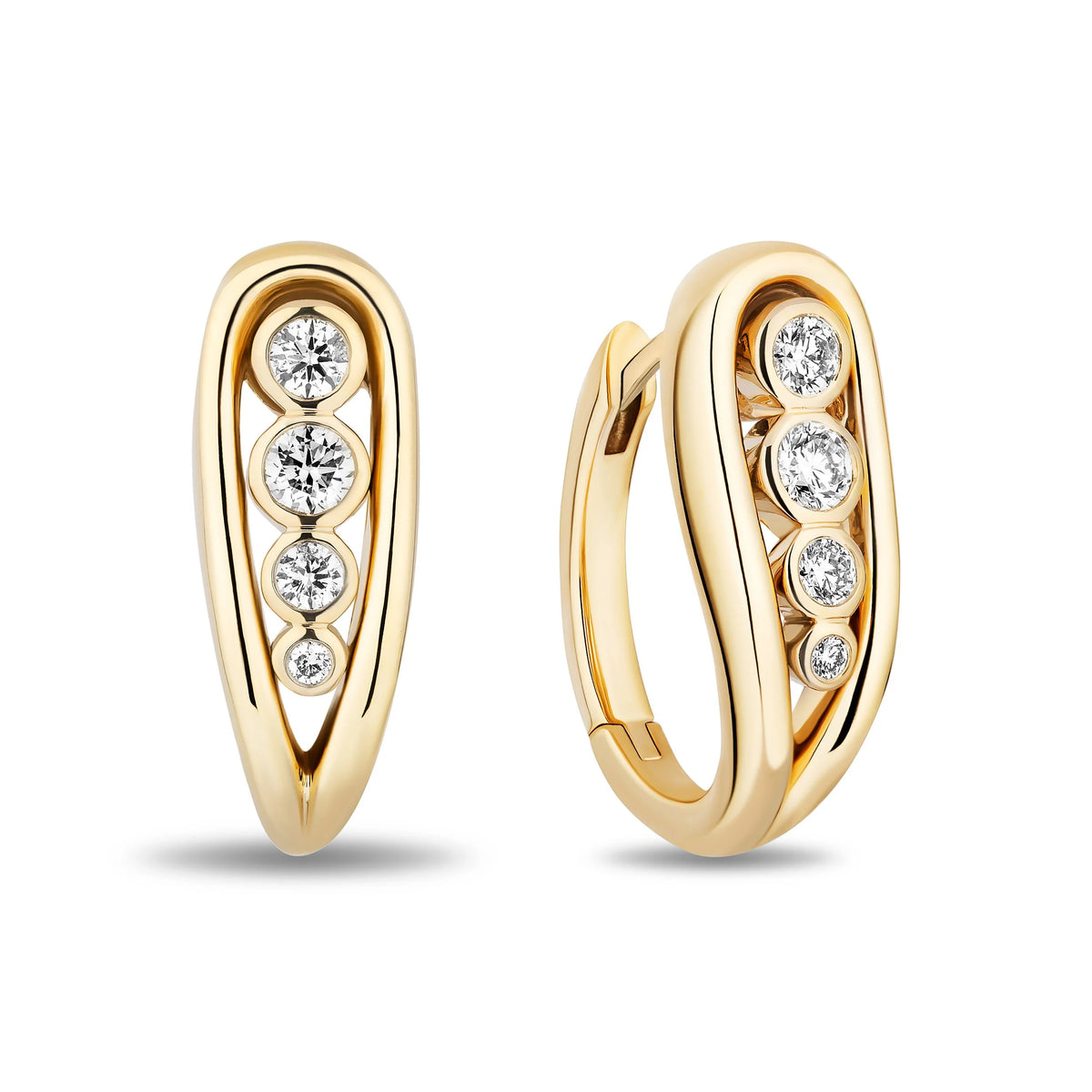 A pair of gold huggie hoop earrings with a vertical channel set with four round-cut diamonds on each earring, shown against a plain white background.