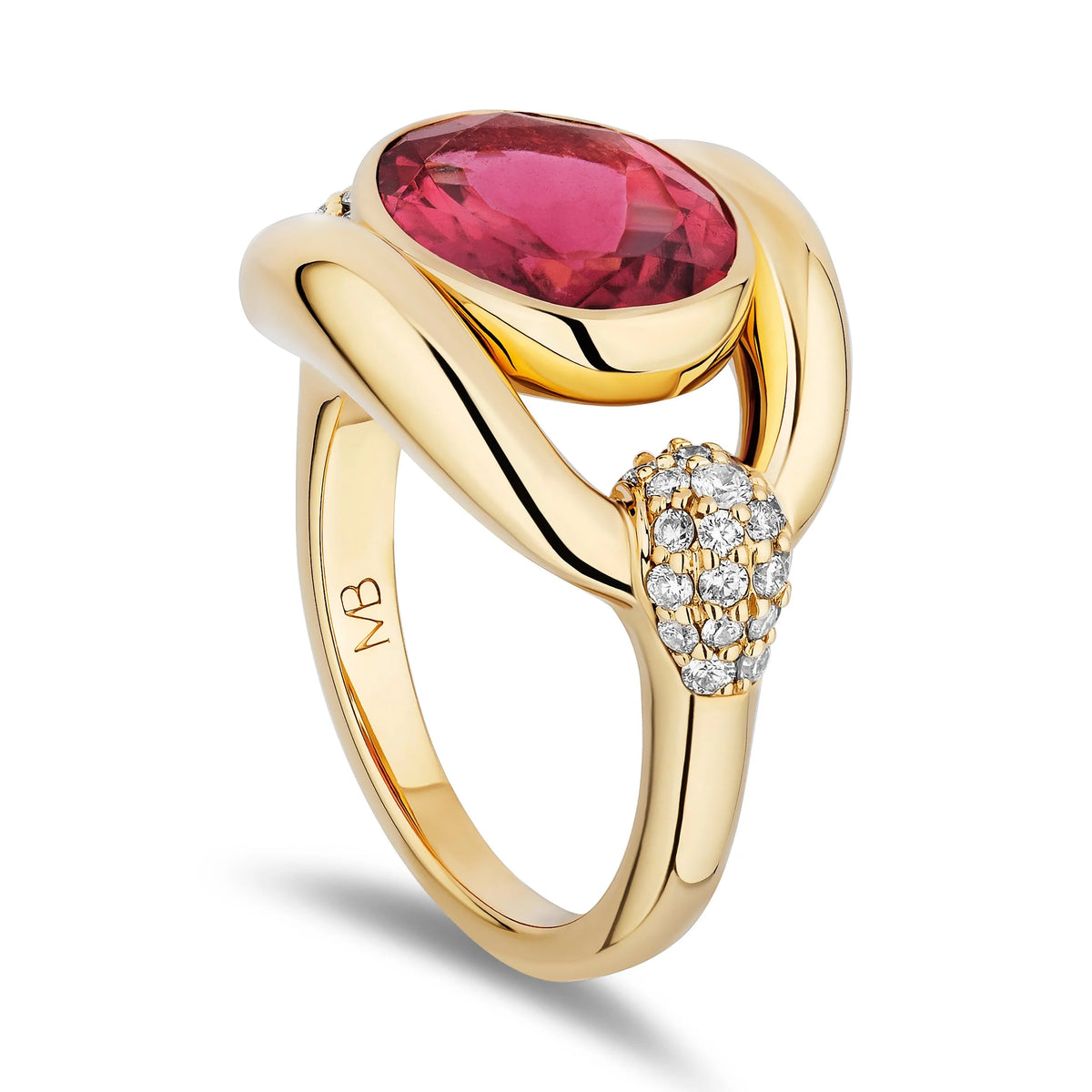 A yellow gold ring featuring a large oval pinkish-red gemstone and a pavé-set cluster of clear stones on the band, shown on a white background with a soft shadow.