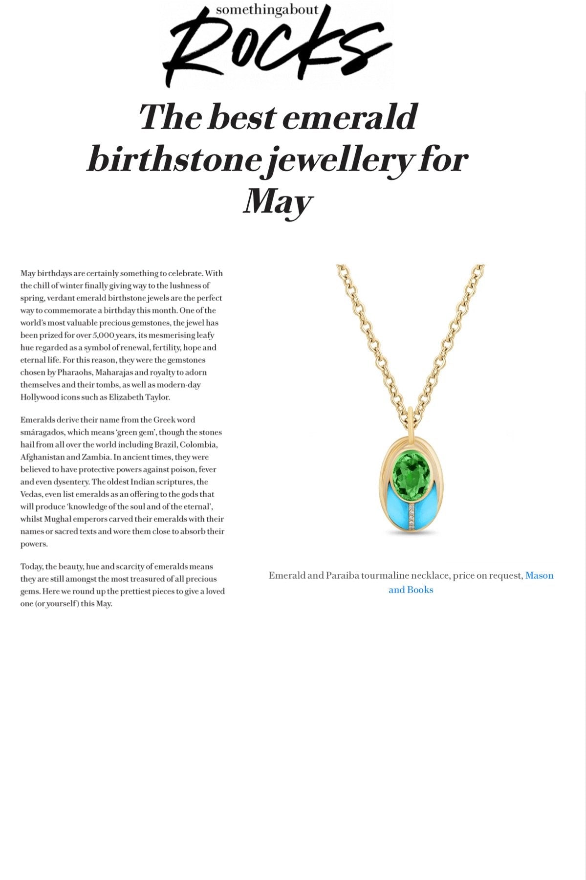 A webpage with text about emerald birthstone jewelry for May, featuring a gold necklace with an emerald and turquoise pendant.