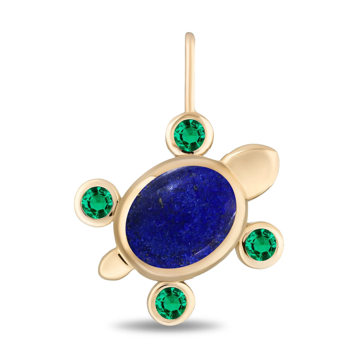 A gold turtle pendant featuring a central oval blue lapis lazuli stone and four round green gemstone accents, shown on a clean white background.