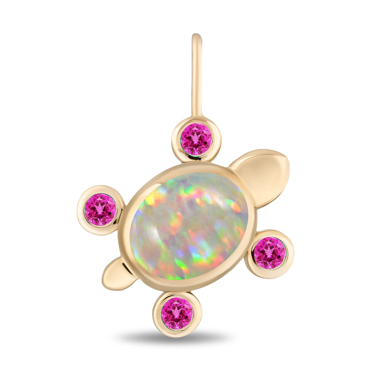 A gold turtle pendant featuring a large iridescent opal center stone and four round pink gemstones, shown on a clean white background.