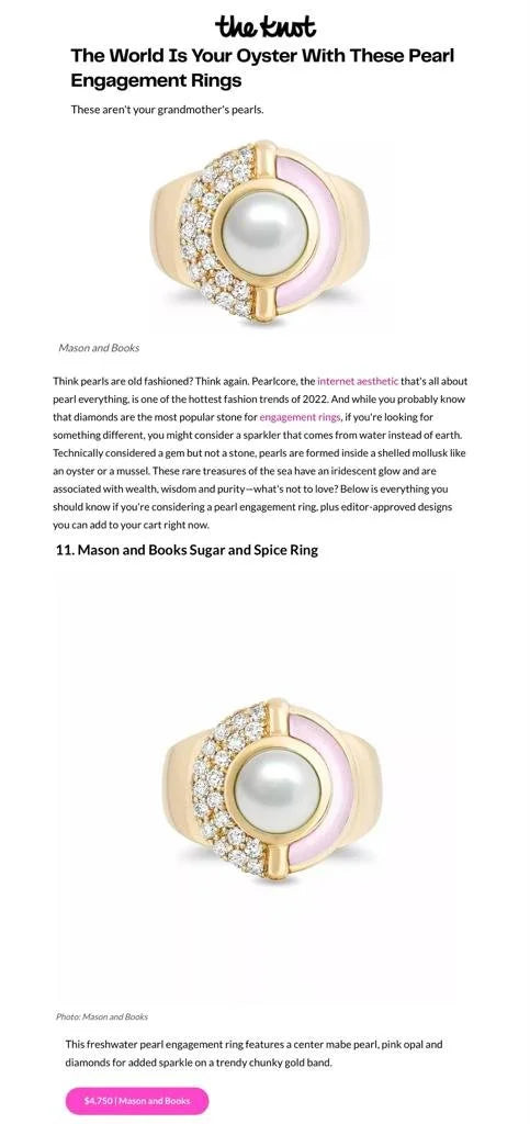 A jewelry piece with a large central pearl surrounded by gold, pink enamel, and diamonds, designed as an engagement ring.