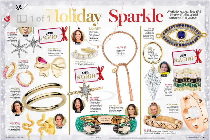 A holiday jewelry advertisement featuring various jewelry pieces categorized as under $500, under $1000, under $2500.