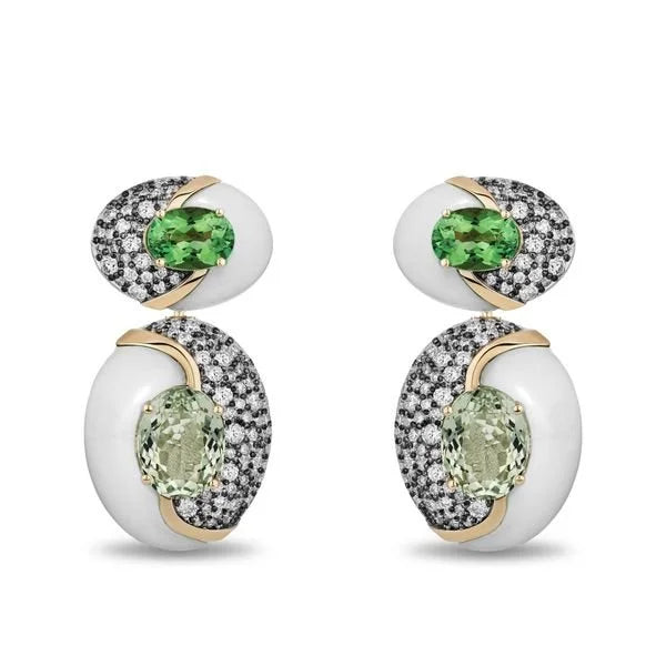 A pair of gold and white gold drop earrings with oval pavé diamond settings, featuring one green gemstone and one light green gemstone on a white background.