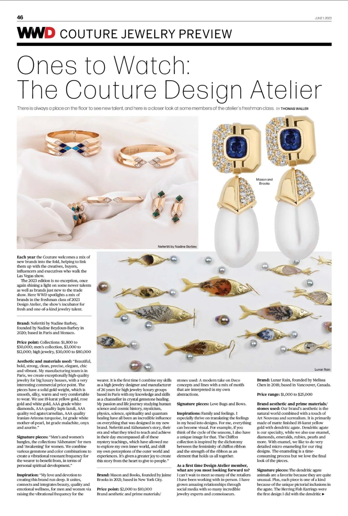 Magazine page featuring couture jewelry, including rings and earrings with diamonds, sapphires, and pearls.