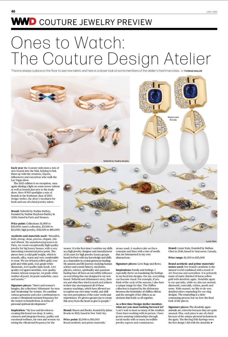 Magazine page featuring couture jewelry, including rings and earrings with diamonds, sapphires, and pearls.