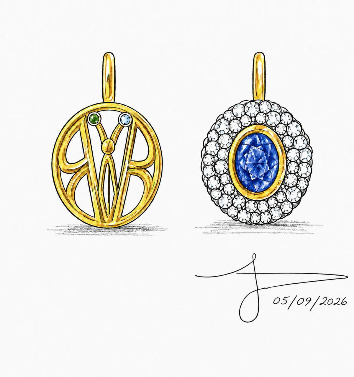 Hand-drawn jewelry design showing two views of a pendant: a gold monogram pendant with small green and blue stones on the left, and a round gold pendant with a blue sapphire surrounded by clear pavé stones on the right, on a white background with a signature and date.