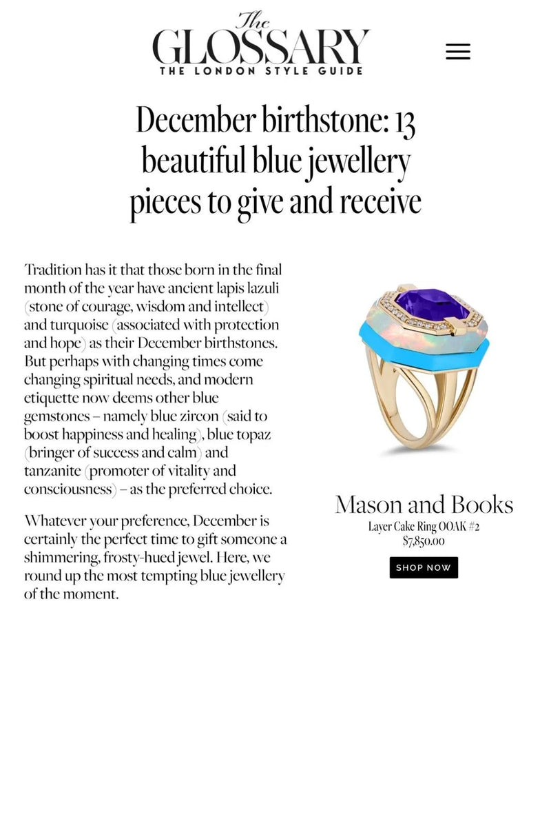 A webpage titled The Glossary: The London Style Guide about blue jewelry for December birthdays.