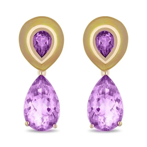 A pair of gold and purple drop earrings featuring teardrop-shaped purple gemstones suspended below oval gold settings.