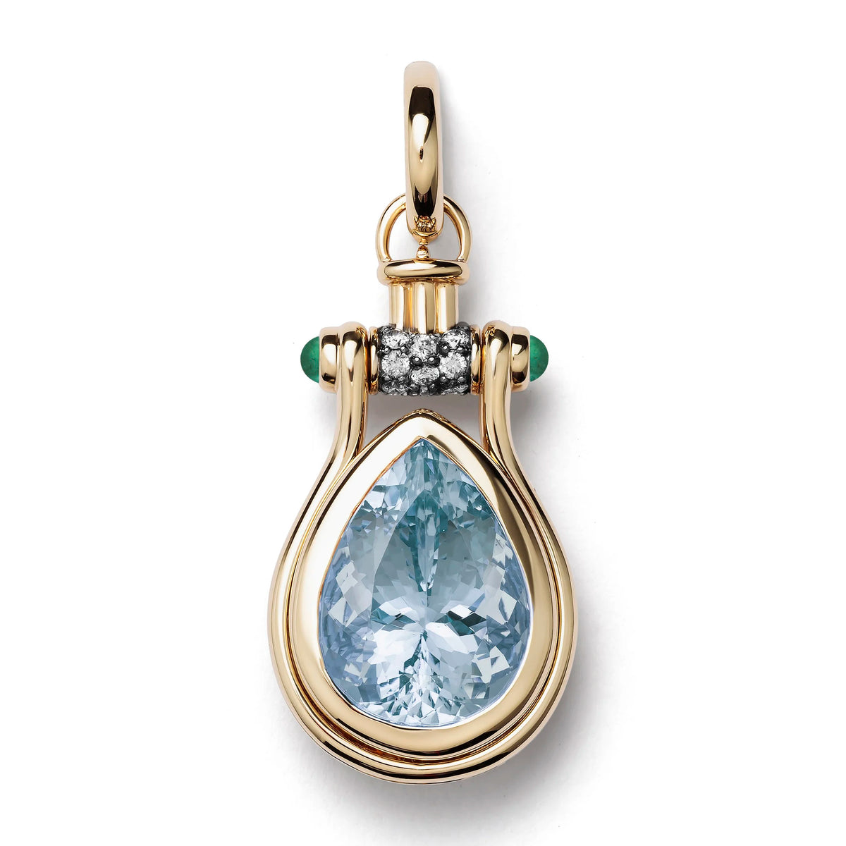 A gold pendant featuring a large pear-cut light blue gemstone, accented by a row of small clear stones and two green round stones, set against a plain white background.