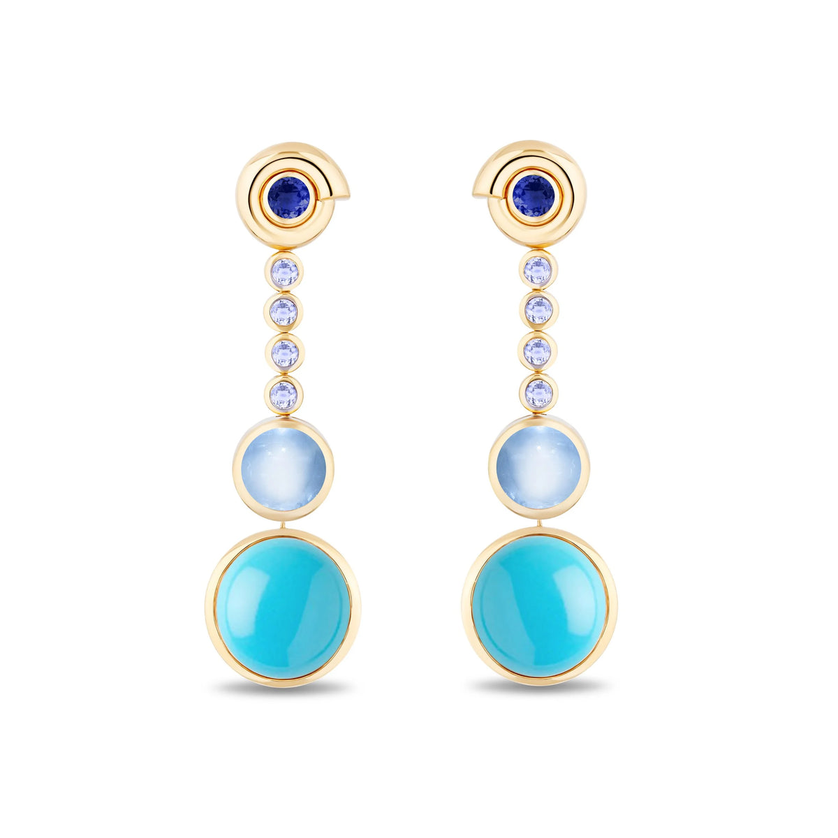 A pair of gold drop earrings featuring a blue sapphire at the top, small clear accent stones, a light blue oval stone, and a larger turquoise blue oval stone at the bottom, set against a plain white background.