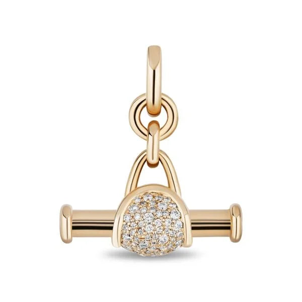 A gold charm bar pendant, featuring a pavé-set clear stone center and a top loop, shown on a plain white background.